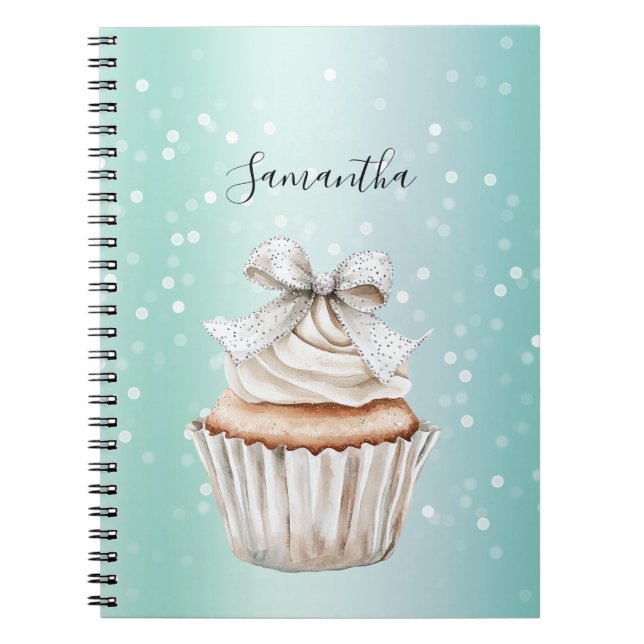 Caderno Espiral Mint White Bokeh Dots Bow Cupcake   (Frente)