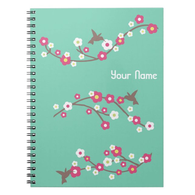 Caderno Espiral Minúsculo Aqua Teal Cherry Blossom & Hummingbird (Frente)
