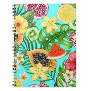 Caderno Espiral Mistura tropical de frutas, flores e folhas em azu