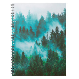 Caderno Espiral Misty foggy mountain landscape with fir forest and