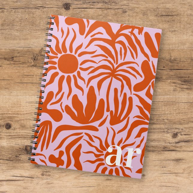 Caderno Espiral Mod Tropical Boho Pink + Orange Patterno Monograma (Criador carregado)
