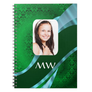 Caderno Espiral Modelo de foto do monograma verde damask