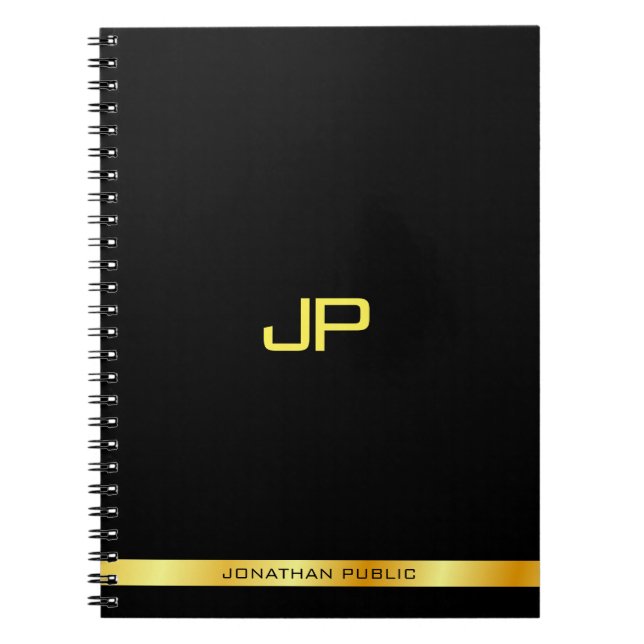 Caderno Espiral Modelo de Monograma Elegante Dourado Preto Persona (Frente)