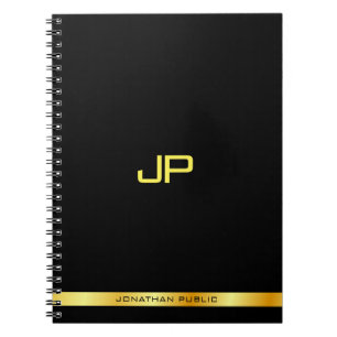 Caderno Espiral Modelo de Monograma Elegante Preto e Dourado Perso