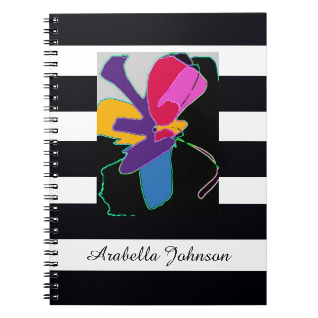 Caderno Espiral  Modern Abstract Art + Custom Name Chic B&W Stripe (Frente)
