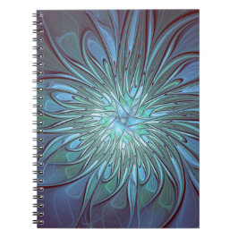 Caderno Espiral Modern Abstract Trendy Blue Flower Fractal Art