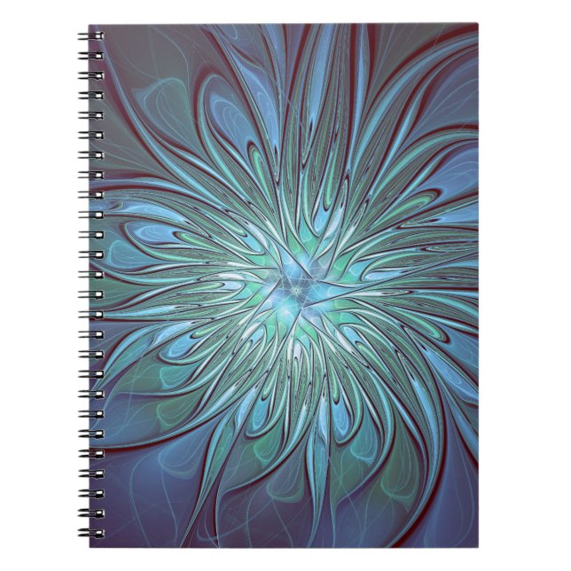 Caderno Espiral Modern Abstract Trendy Blue Flower Fractal Art (Frente)