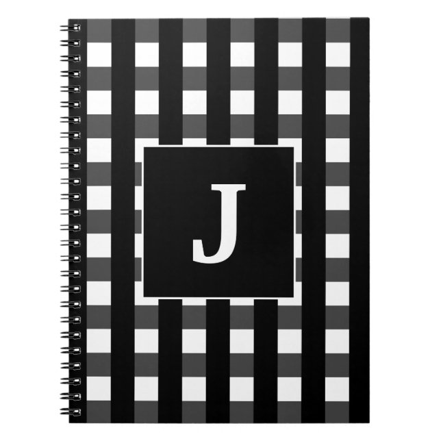 Caderno Espiral Modern Black And White Buffalo Plaid Monogram (Frente)