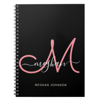 Caderno Espiral Modern Black Blush Pink Script Monogrammed