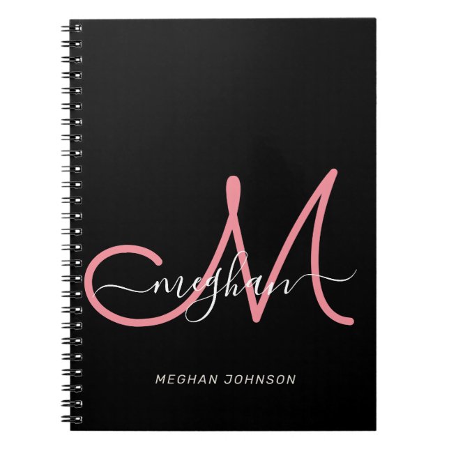 Caderno Espiral Modern Black Blush Pink Script Monogrammed (Frente)