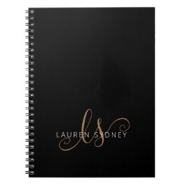 Caderno Espiral Modern Black Gold Feminine Script Monogrammed