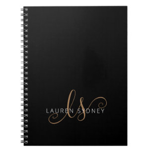 Caderno Espiral Modern Black Gold Feminine Script Monogrammed
