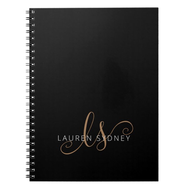 Caderno Espiral Modern Black Gold Feminine Script Monogrammed (Frente)