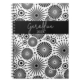 Caderno Espiral Modern black white geometric starburst Name 