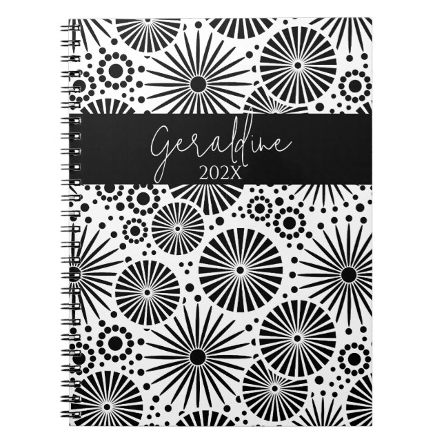 Caderno Espiral Modern black white geometric starburst Name  (Frente)