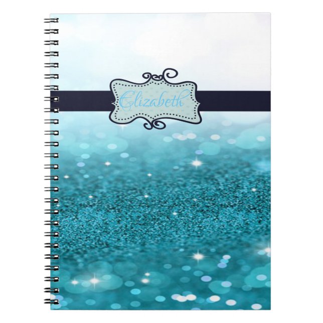 Caderno Espiral Modern Blue Glitter Bokeh, Personalizado (Frente)