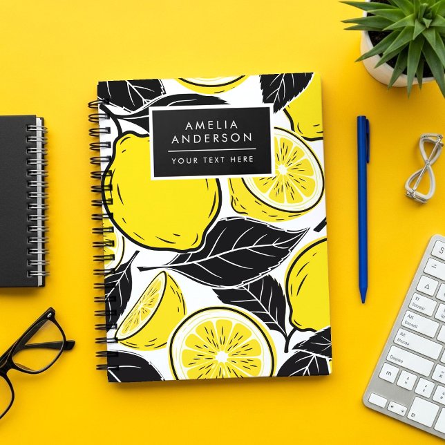 Caderno Espiral Modern Bold Lemon & Black Leaves  Seamless Pattern (Criador carregado)