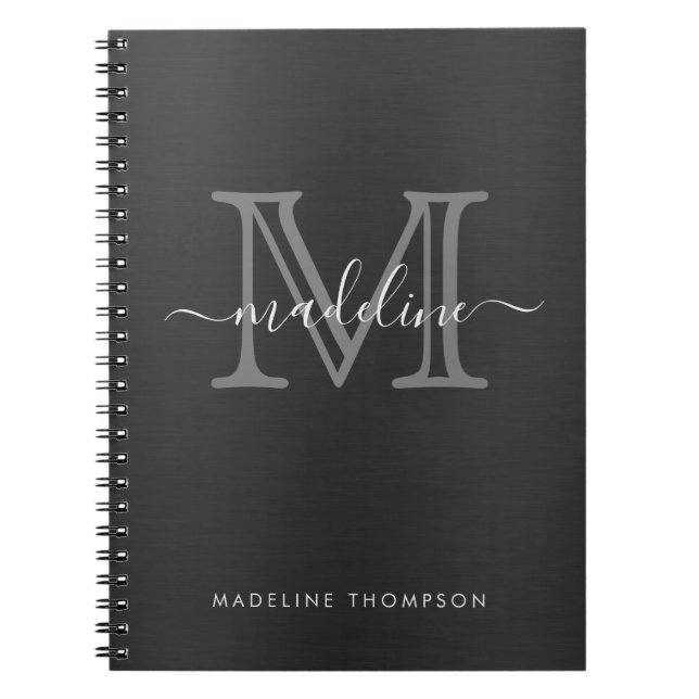 Caderno Espiral Modern Brushed Metal Black Gray Script Monogram (Frente)