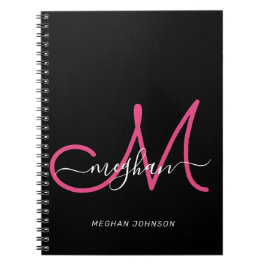 Caderno Espiral Modern Chic Black Hot Pink Script Monogrammed