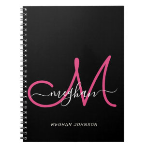 Caderno Espiral Modern Chic Black Hot Pink Script Monogrammed