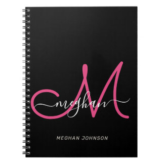 Caderno Espiral Modern Chic Black Hot Pink Script Monogrammed