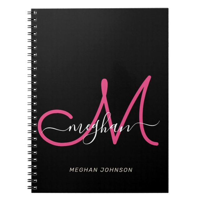 Caderno Espiral Modern Chic Black Hot Pink Script Monogrammed (Frente)