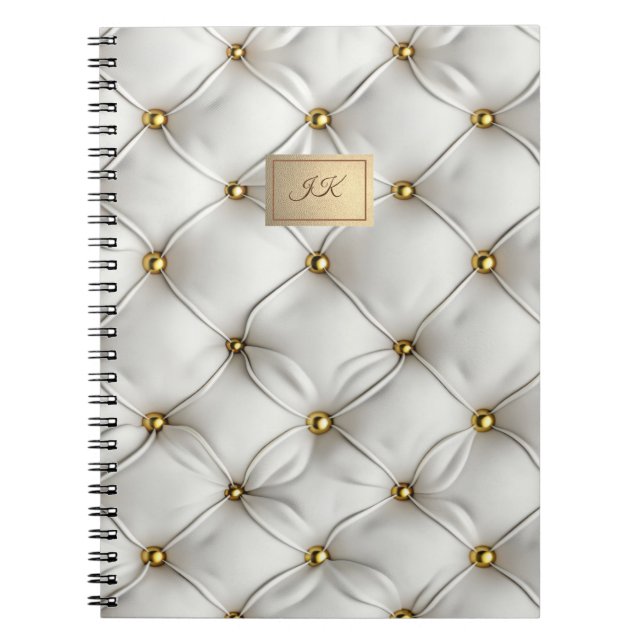 Caderno Espiral Modern Elegant White Leather Tufted Gold (Frente)