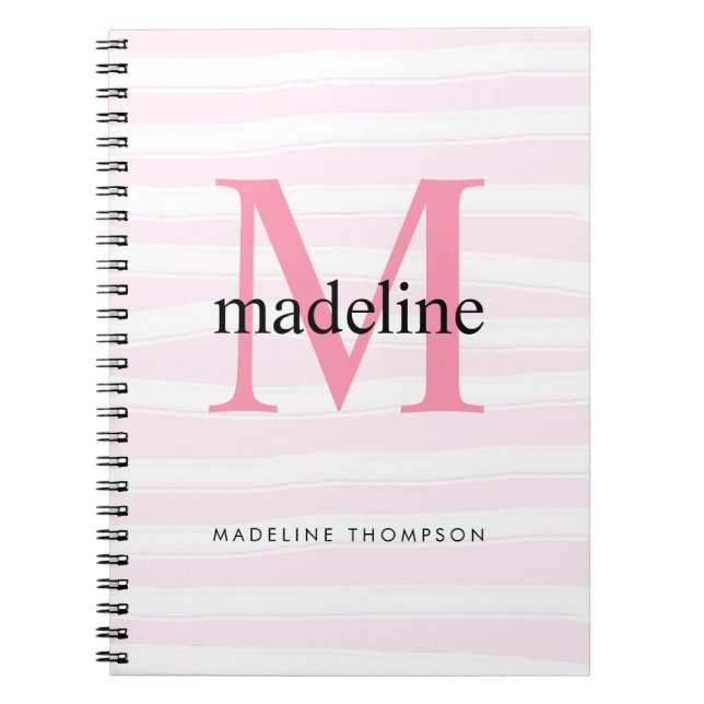 Caderno Espiral Modern Girly Pink Strips Monograma Nome inicial (Frente)