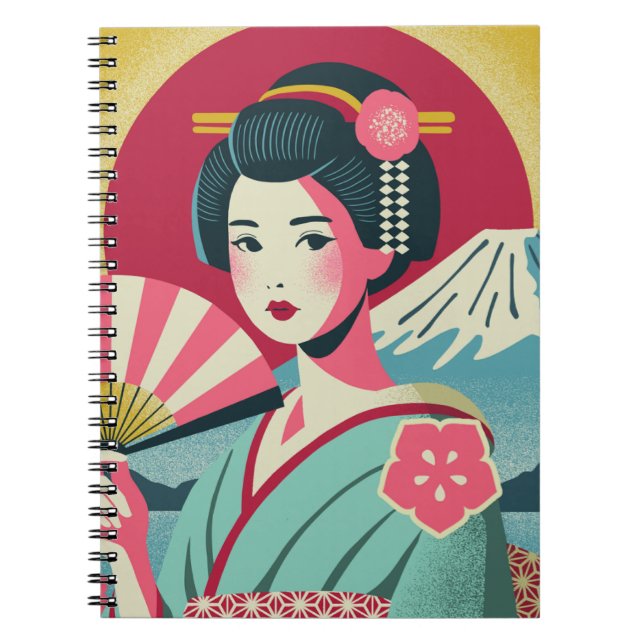 Caderno Espiral Modern Japanese Ukiyoe Style Kimono Geisha Girl (Frente)