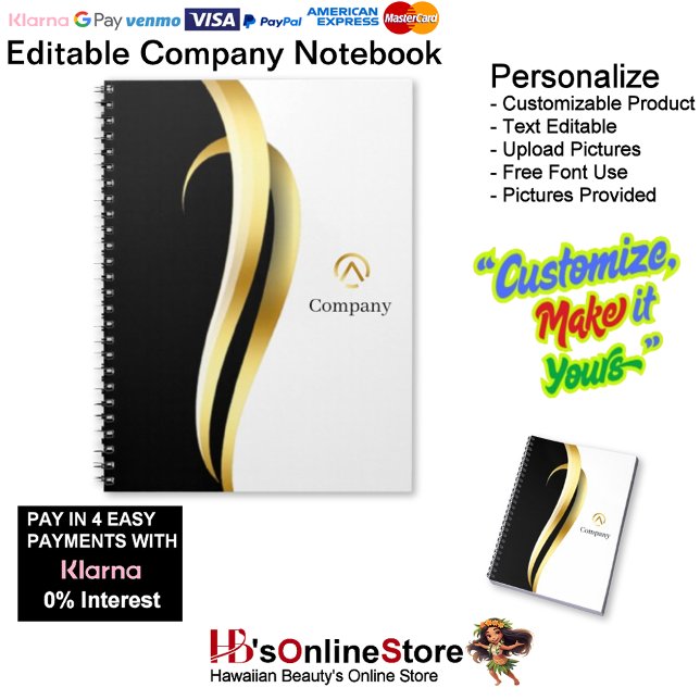 Caderno Espiral Modern Minimalist Company Gold Black White Spiral  (Modern Minimalist Company Gold Black White Spiral Notebook.)