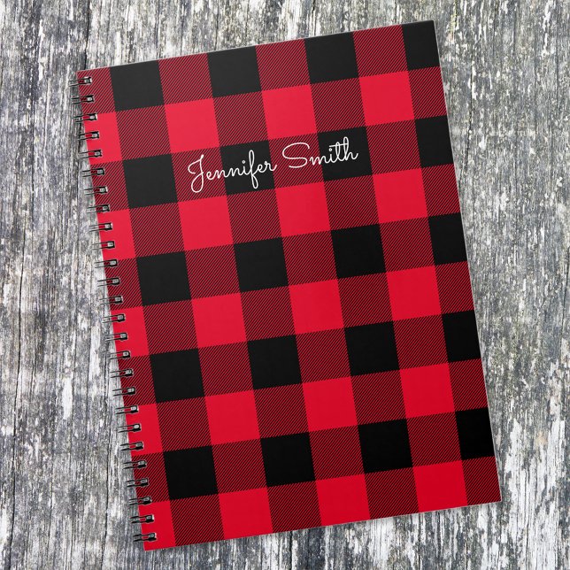 Caderno Espiral Modern Personalized Red and Black Buffalo Check (Criador carregado)