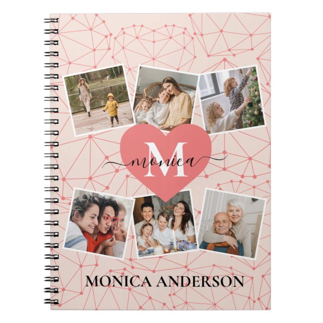 Caderno Espiral Modern Photo Collage Girly Pink Monogram Name (Frente)
