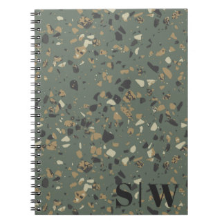 Caderno Espiral Modern Sage Green Tan Terrazzo Iniciais Monograma