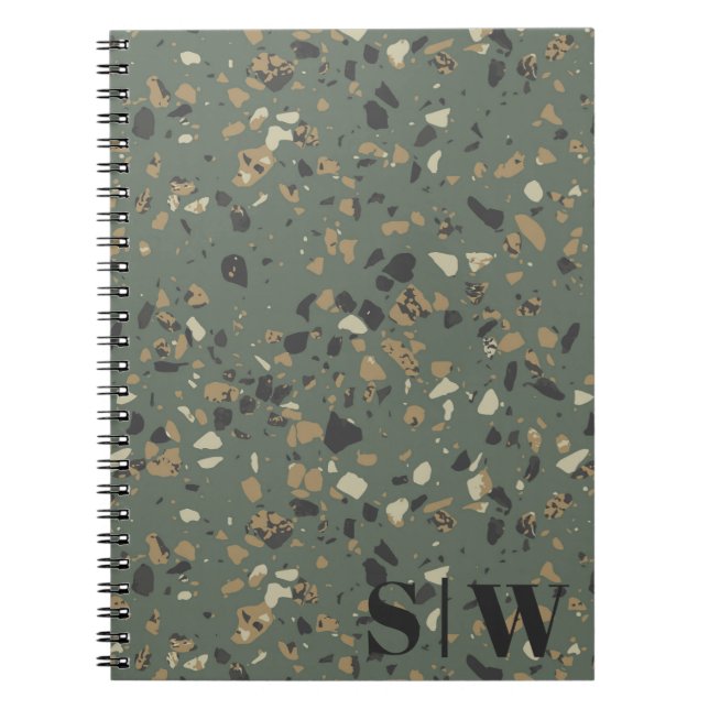 Caderno Espiral Modern Sage Green Tan Terrazzo Iniciais Monograma  (Frente)