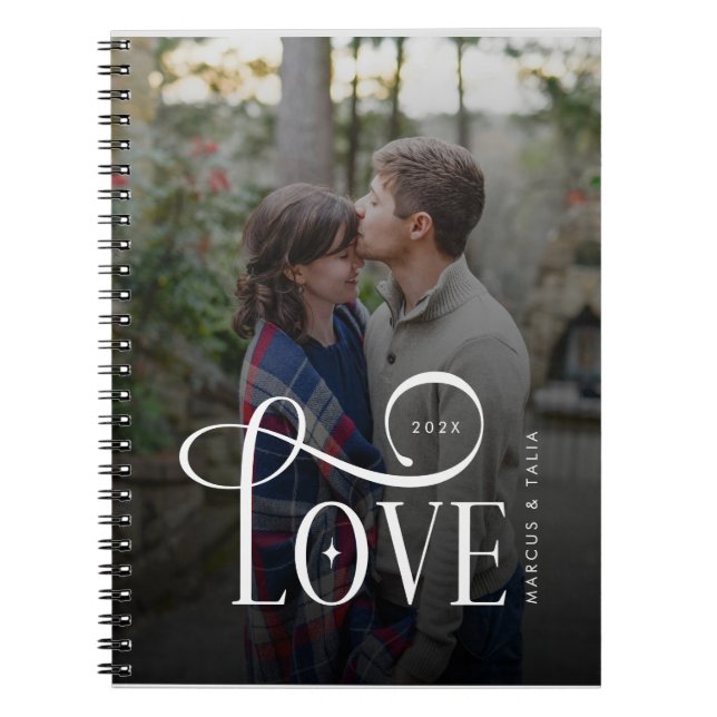 Caderno Espiral Modern Script Love Custom Engaged Couples Photo (Frente)