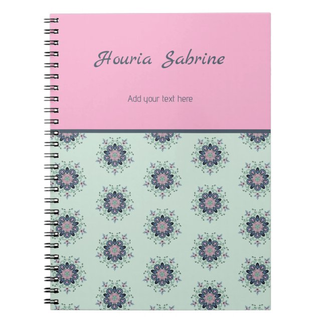 Caderno Espiral Modern turquoise Pink Floral Mandala Doodles  (Frente)