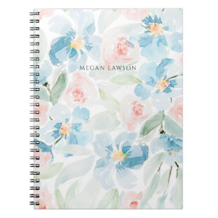 Caderno Espiral Modern Watercolor Blue and Blush Flowers