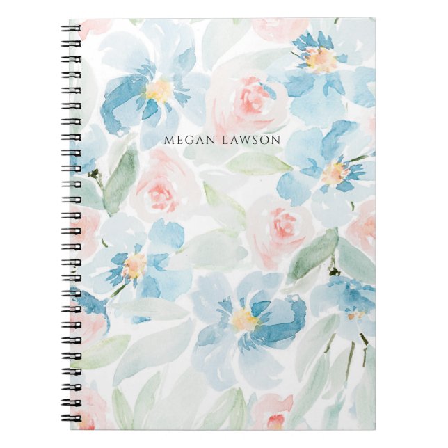 Caderno Espiral Modern Watercolor Blue and Blush Flowers (Frente)