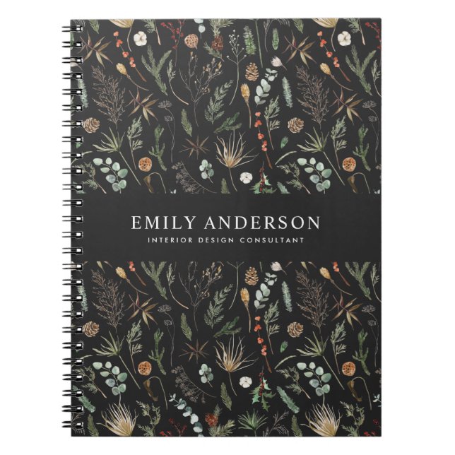 Caderno Espiral moderno botânico negro, elegante contemporâneo (Frente)