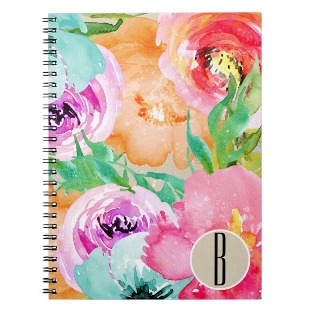 Caderno Espiral Moderno Kraft Floral Colorido Aquarela (Frente)