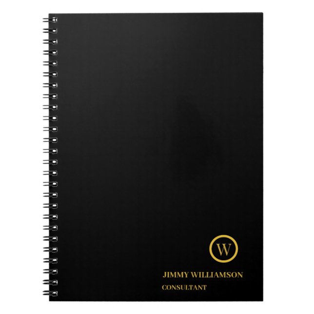Caderno Espiral Moderno Monograma Dourado Negócio Negro (Frente)