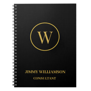 Caderno Espiral Moderno Monograma Dourado Negócio Negro
