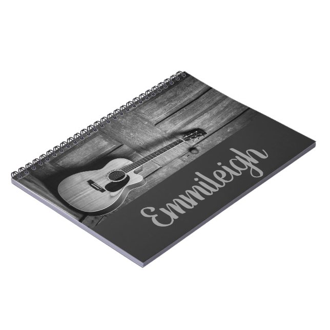 Caderno Espiral Moderno Preto Branco Violão Rústico Script (Left Side)