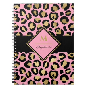 Caderno Espiral Moderno Preto Rosa e Dourado Estampa de Leopardo