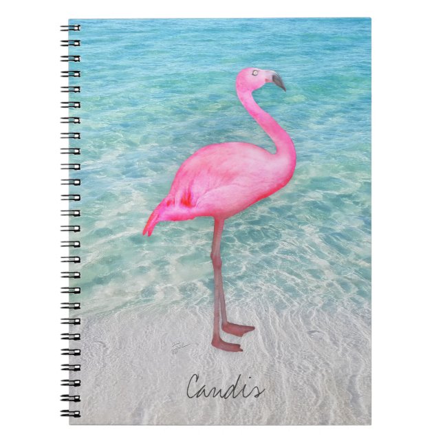 Caderno Espiral Moderno Tropical Sandy Beach, Flamingo, Rosa Perso (Frente)