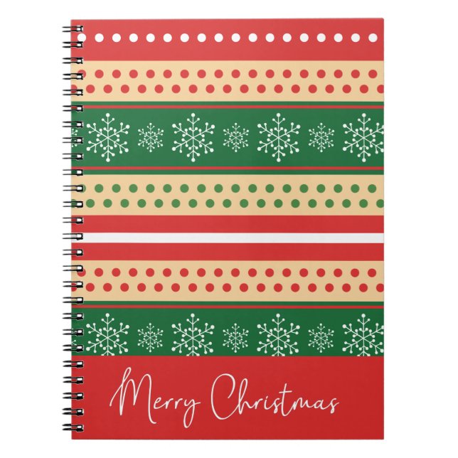 Caderno Espiral Moderno Vermelho Verde Feliz Natal Flocos de Neve  (Frente)