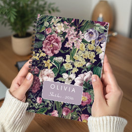 Caderno Espiral Moderno Vintage Rosa Preto Floral Monograma