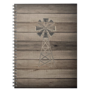 Caderno Espiral Moinho de Vento Rústico de Madeira Desgastada pelo