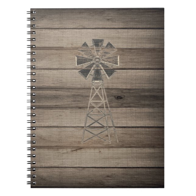 Caderno Espiral Moinho de Vento Rústico de Madeira Desgastada pelo (Frente)