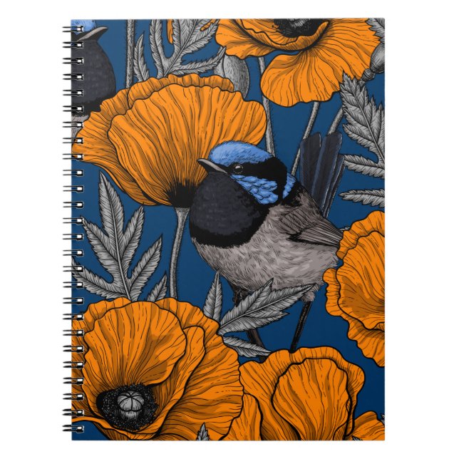 Caderno Espiral Moinhos de fada e flores de papoila laranja (Frente)